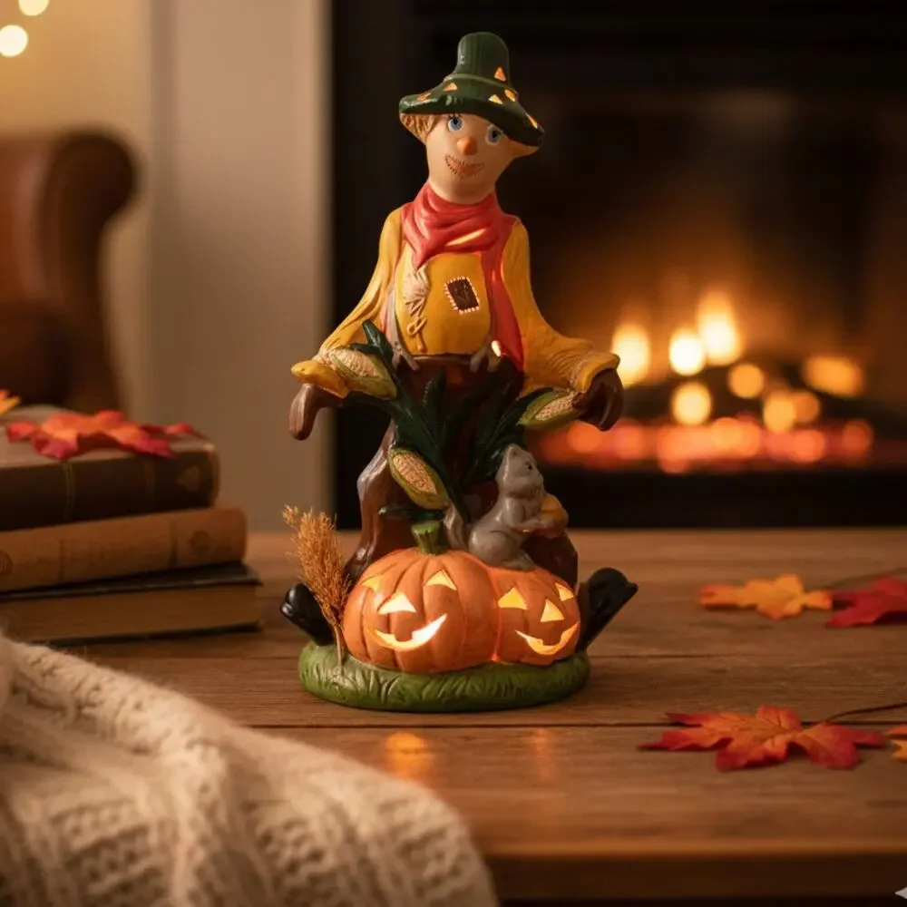 Vintage Ceramic Scarecrow & Pumpkin Luminary | 1970s/80s Halloween Decor